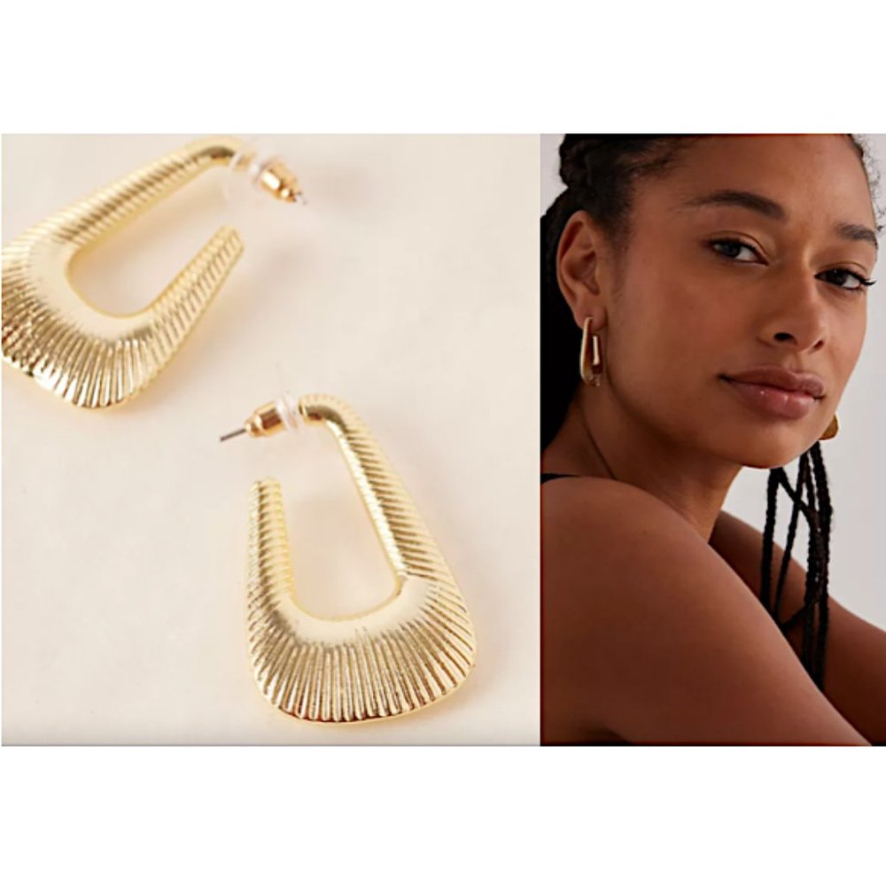 NEW ~ Anthropologie Gold Ribbed Rectangle Hoop Earrings